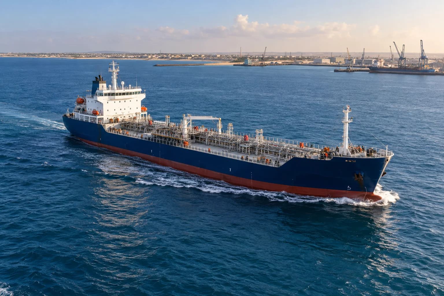 Petroleum tanker moving through coastal waters near a commercial port